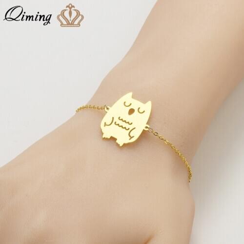 QIMING Super Cute Sleepy Owl Bird Charm Bracelet For Women Girls Animal Pet Lovers Lovely Bracelets Bangles