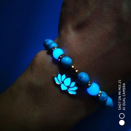 Luminous Glowing In The Dark Lotus Flower Shaped OM Charm Bracelet For Women Yoga Prayer Buddhism Natural stoone Jewelry