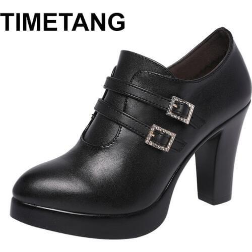 TIMETANGBig Size 34-43 Womens Shoes Heels Block 2019 Deep Mouth Buckle Elegant Leather High Heels Platform Pumps Ladies office