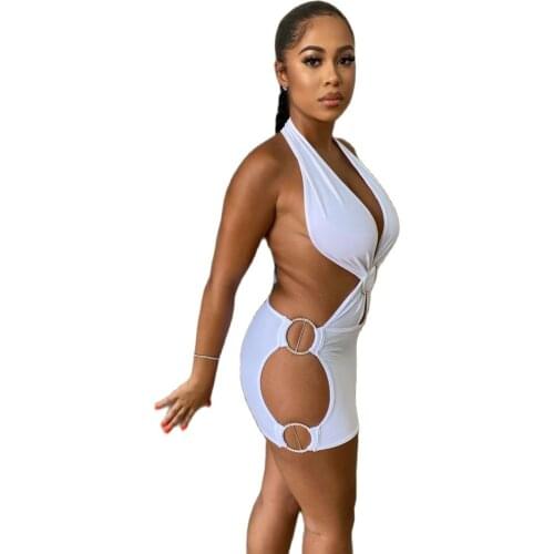 XLLAIS Hollow Out Backless White Party Dresses Women Sexy Halter Neck One-Piece Holiday Vestidos Good Quality Clothes Cotton