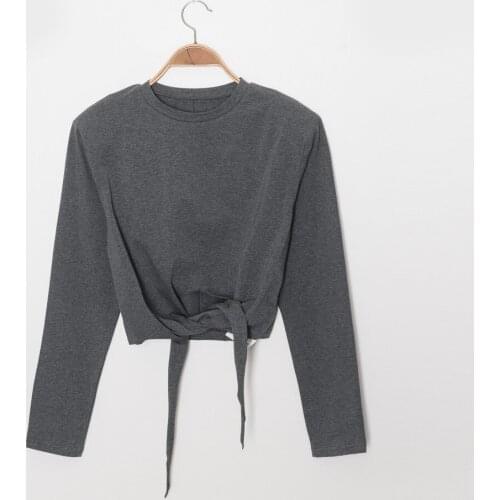 Women Long Sleeve t Shirt 2021 Early Spring O-Neck Waist Cross Waist Lace-Up Tee Tops with Shoulder Pads