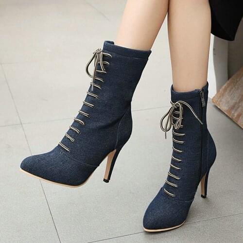 2021 Lady Hit Color Short Boots T-shaped Strapped Pointed Boots Sexy Stiletto High-Heel Denim Zipper Autumn Winter Womens Shoes
