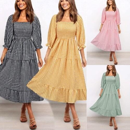 Womens Autumn Dresses Casual Fashion Printed Plaid Ruffle Sleeve Square Collar Stitching Ruffles Swing Half Sleeve Dress 2021