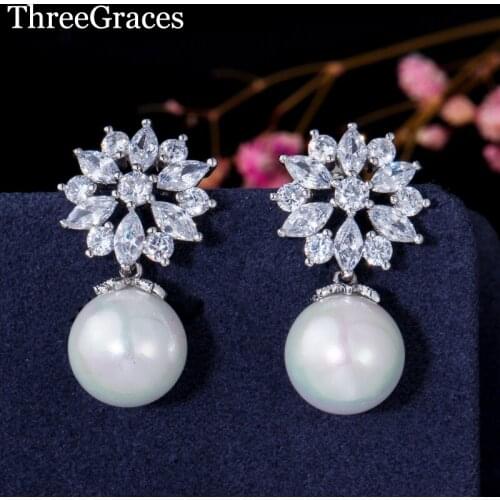 ThreeGraces Fashion White Gold Color Cubic Zirconia Crystal Blooming Flower Drop Earrings With Pearl Jewelry For Women ER110