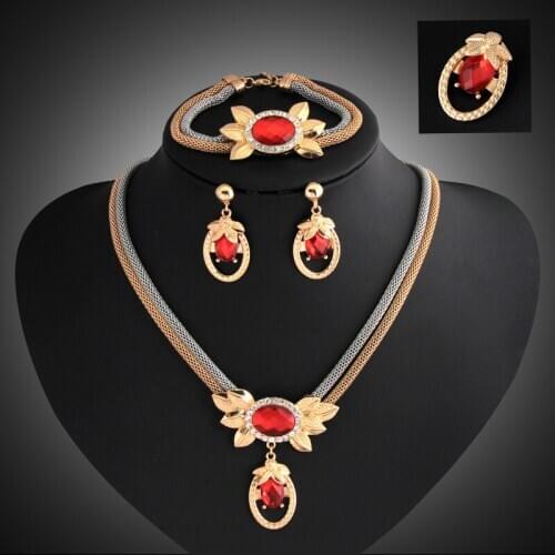 Women Fashion Jewelry Sets Collar Gold Double Chain Crystal Necklaces Earrings Bracelet Brooch female Costume Accessories