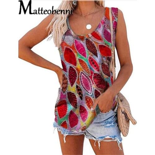 New Summer Printed Sleeveless U-Neck Vest For Women Vintage Off Shoulder T-Shirt Casual Loose Plus Size Tank Top Female Blouse