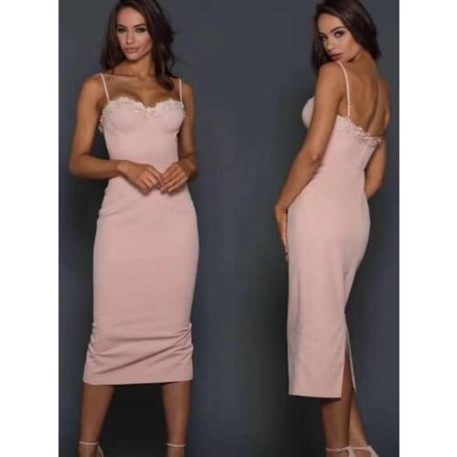 2019 Women Dress Pink Black Bandage Dress Sexy Summer Bodycon Mid-Calf fashion Runway Club Dress Celebrity Party Dropshipping