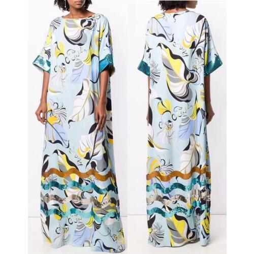 Womens Bohemian Beach Loose Size Elongated Printed Elastic Knitted Dresses