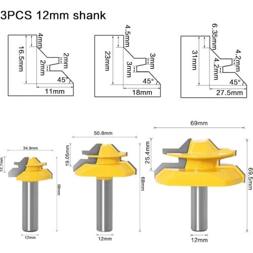 3 Pieces 12mm Shank Lock Miter 45 Degree Glue Joint Router Bits Set Woodworking Milling Cutters Kit