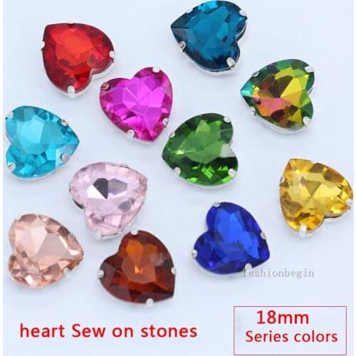 6p 18mm heart shape color sew on stitch on crystal glass flatback loose rhinestones silver claw jewels craft garment accessories