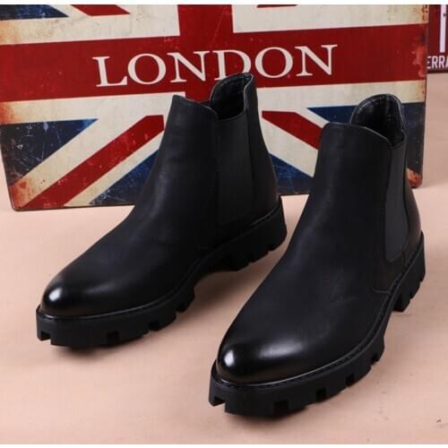 Mens casual business office formal dress chelsea boots platform shoes genuine leather boot black ankle botas hombre chaussure