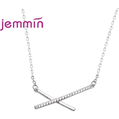 Pure 925 Sterling Silver AAA Zircon Geometric Strip Cross Pendant Necklaces For Women Gift Simple Fine Jewelry