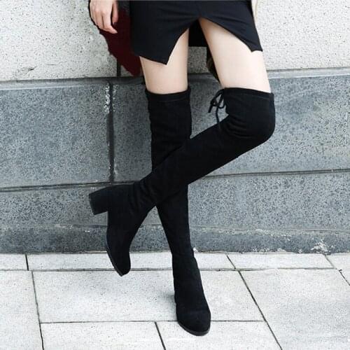 Elastic Flock Slim Fit Over The Knee Boots Women 2020 Winter thigh Lace up ladies High heel Chunky heel Long Thigh High botas
