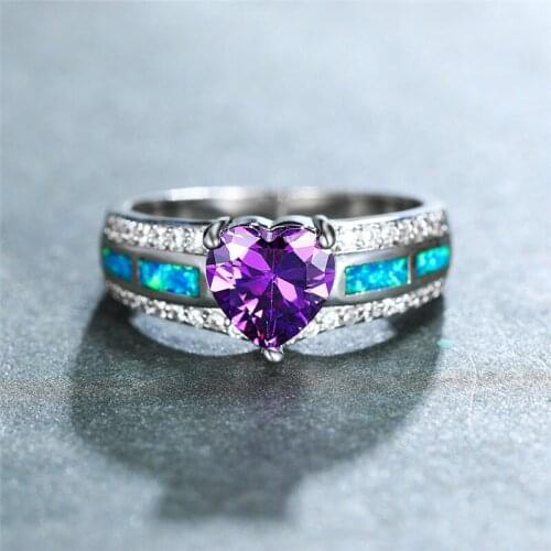 Elegant Female Blue Fire Opal Ring Charm Purple Crystal Heart Stone Engagement Ring Vintage Silver Color Wedding Rings For Women