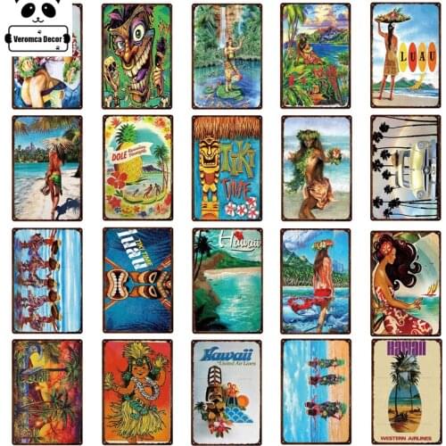 Hawaii Tourism Vintage Metal Tin Poster Indian Beach Palm Tree Plaque Plate Vintage Coffee Bar Pub Club Man Cave Cafe Home Decor