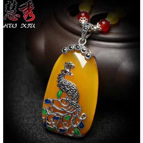 Genunine yellow chalcedony peacock pendant with 925 silver necklace unique craftsmanship pendants with garnet beads necklaces