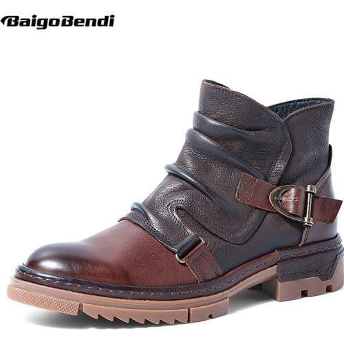 British Style Elegant Winter Boots Men Trendy Pleated Buckle Belt Boots Business Man Wrinkle Leather Boots