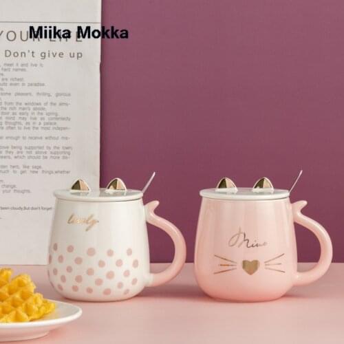 Ceramic Cute Cat Mugs with Lid Spoon Pink White Coffee Mug Tea Milk Cup Animal Cups with Handle 450ml Drinkware Nice Gifts