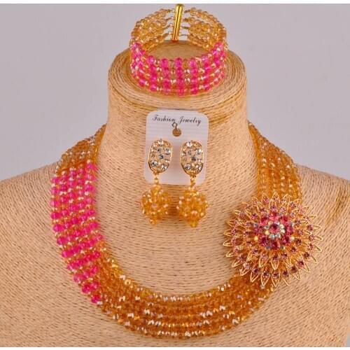 Lovely champagne gold ab fuchsia pink costume african necklace set nigerian beads jewelry set 5JZ-15