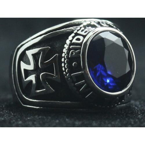 Unisex 316L Stainless Steel Cool Ride To Live, Live To Live Cross Blue Stone Rider Ring