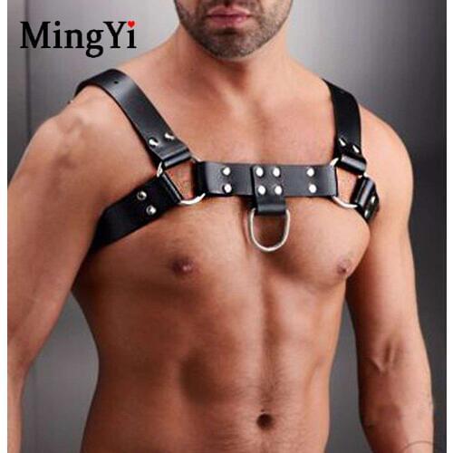 Cool Sexy PU Leather Harness Men Gay Bdsm Metal O-Rings Rivets Punk Gothic Chest Bondage Body Harness Shoulder Straps Club Wear