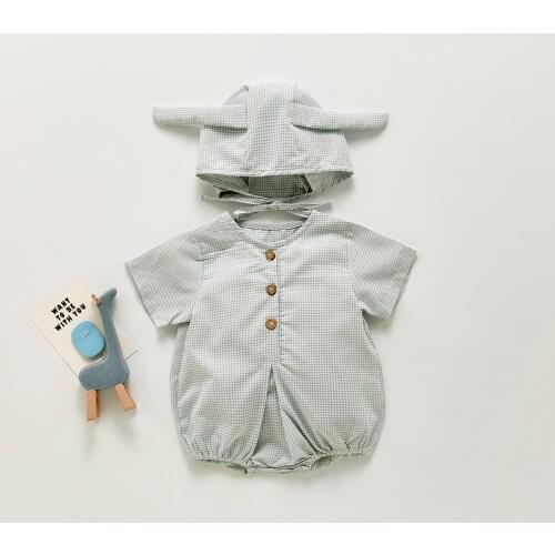 Summer 2021 Lovely Infant Boy Girl Jumpsuits Outfits Solid Color Short Sleeve Plaid Romper +Cap Newborn Baby Soft Breathable Coz