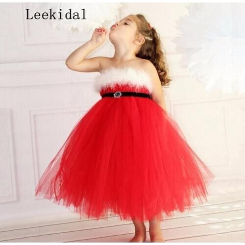 Cute Feather Red Flower Girl Dresses for Weddings Ball Gown Christmas Dress for Baby Kids Pageant Dress for communion dresses