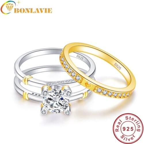 BONLAVIE Wedding Band Rings Set Solid 925 Sterling Silver 2.6Ct White Topaz Engagement Ring with 18K Gold Plated Tail Rings
