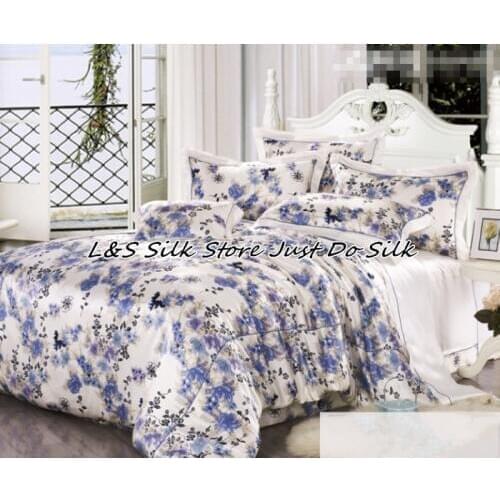 Silk bedding set 4pcs luxurious mulberry pure print soft silk duvet cover flat sheet pillowcase ls2126