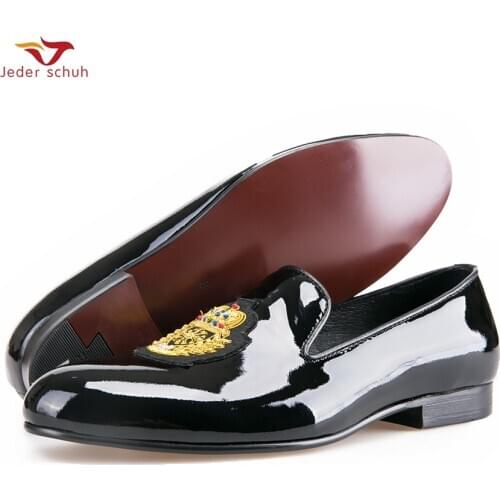 New Black Patent Leather Men Loafers With Gold Luxurious Embroidery Fashion Party And Wedding MenS Dress Shoes