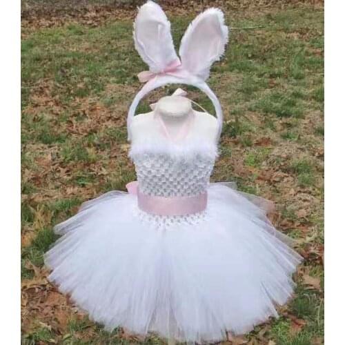 Baby Girls White Tulle Tutu Dress with Pink Ears Hairbow Kids Birthday Party Cartoon Costume Dresses