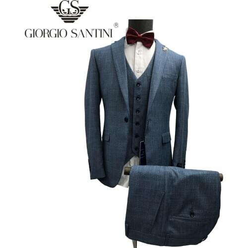 GIORGIOSANTINI Slim fit sky blue Men Suits 3 piece for Wedding 2020 Man Fashion Clothes Peaked Lapel Groom Tuxedos Male Set Jack
