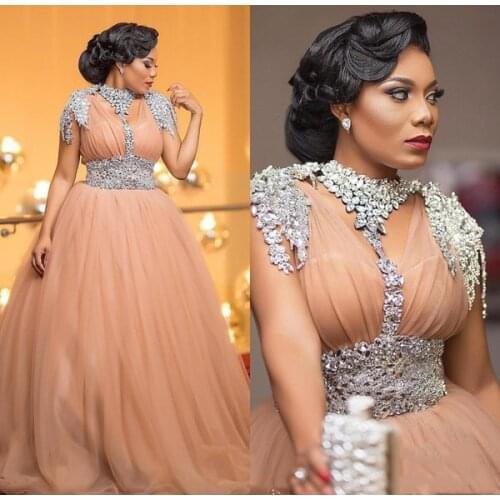 Luxury African Evening Dresses Beaded Crystal Plus Size Evening Gowns Tulle A Line Long Formal Prom Dress 2020 robe de soiree