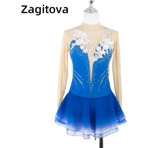 Sapphire Blue Figure Skating Dress Small White Flower Long Sleeve Deep V-neck Ice Skating Suit The Gradient Color Rhinestone
