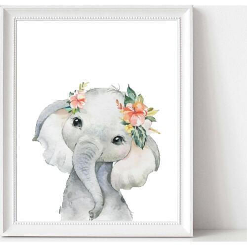 Elephant With Flowers Watercolor Print Boho Nursery Decor Cute Animals Poster Baby Room Wall Art Picture Decoration Painting