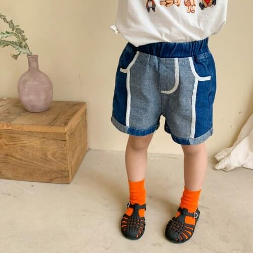Unisex fashion patchwork denim shorts Korean style boys and girls casual shorts