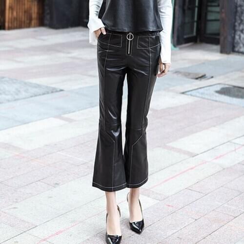 100% Real Leather Flare Pants Women High Quality Spring Casual Sheepskin Pants Streetwear Black Office Lady Trousers Plus Size