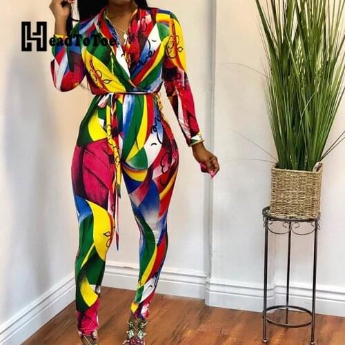 Geometric Colorblock Print Sashes Fashion Romper Woman Full Sleeve Deep V Neck Slim Jumpsuits for Women