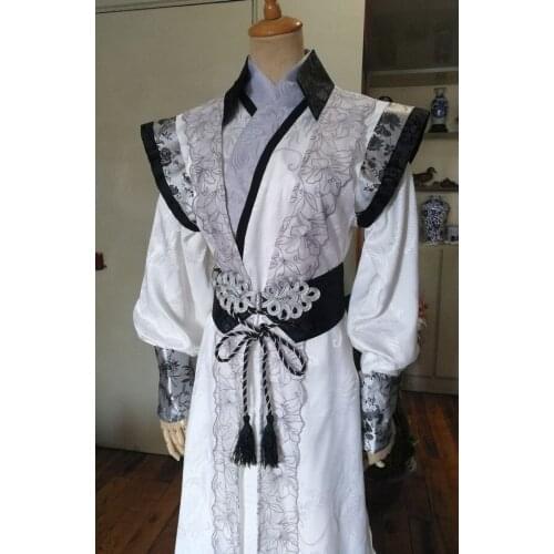 3 Designs Black White Purple Male Cosplay Costume Hanfu Narrow Sleeve Swordman Inner Gown without Over Robe Lacquard Material