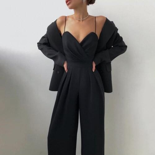 Summer Women Jumpsuits Elegant Ladies Solid Color Sleeveless Bodysuit Wide Leg High Waist Deep V Neck Backless Jumpsuit Overalls