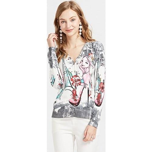 High Heel Beauty Print Women Knitted Sweater Cardigan Korean Style V Neck Spring Autumn Long Sleeve Single Breasted Thin Coat
