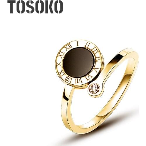 TOSOKO Stainless Steel Roman Numeral Shell Ring Opening With Zircon Tail Ring Fashion Female Jewelry BSA036