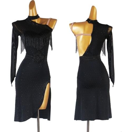 High-End Latin Dance Clothes One-Long Gauze Sleeve Rhinestone Fringe Dress Women Professional Latin Competition Costumes DQL5850