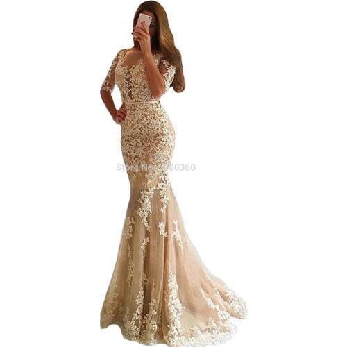 2018 Elegant Champagne Lace Mermaid Evening Dresses Half Sleeve Open Back Prom Dress Long Formal Party Gowns