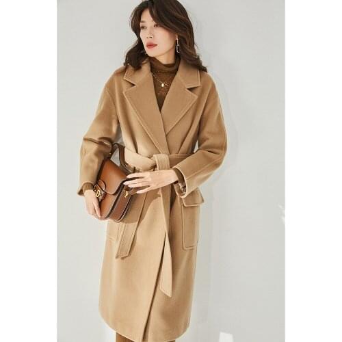 Winter Wool Long Coat Women Beige Cashmere Coat Women Autumn 2021 New Camel Color Casual Retro Lapel Elegant Lace Coat Commuter