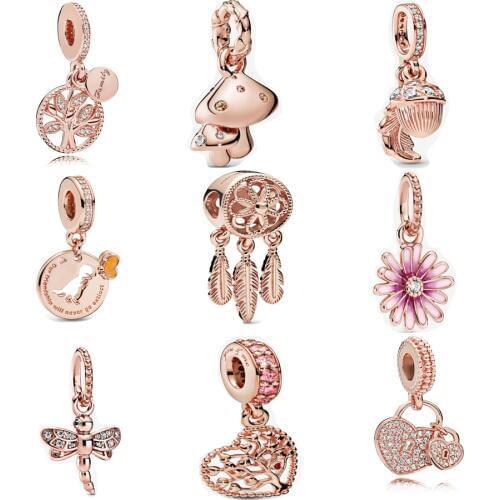 2020 925 Sterling Silver Pink Daisy Flower Dangle Charm Fit Pandora Bracelet necklace Rose Gold Pendant Dangle Charm DIY Jewelry