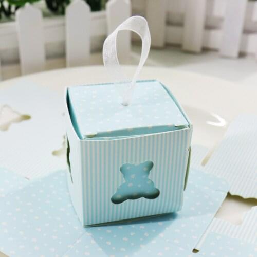 50pcs Bear Candy Box with Ribbon Blue Pink Strip Dot Gift Box Packaging Double Layer Wedding Birthday Party Paper Packing Boxes