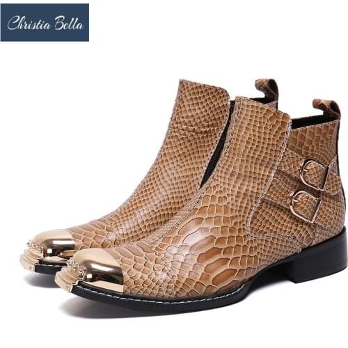 Christia Bella Man Cowboy Ankle Boots Big Size Italian Designer Man Shoes Real Leather Round Toe Crocodile Pattern Zip Boots