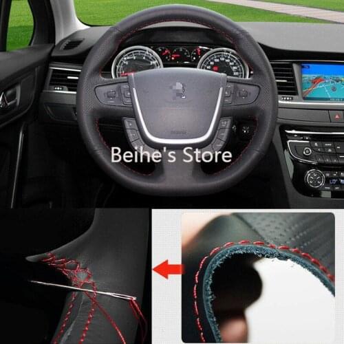 For Peugeot 508 Car Steering Wheel Cover Non-slip DIY Hand Sewing Black Leather