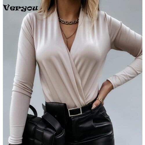 Sexy Deep V-Neck Shirt Women Elegant Office Ladies Pullover Casual Women T Shirts Autumn Long Sleeve Tops Street Wear Tshirt